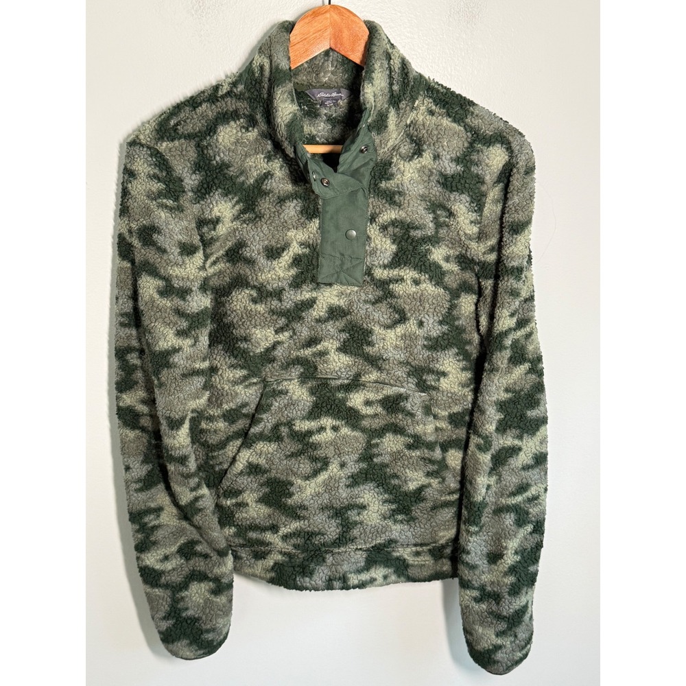 Eddie Bauer Womens Green Camo Sherpa Fleece Snap Neck Pullover Sweater Small